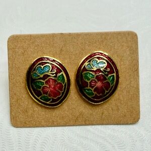 Vintage Cloisonné Floral Gold-Tone  pierced Earrings